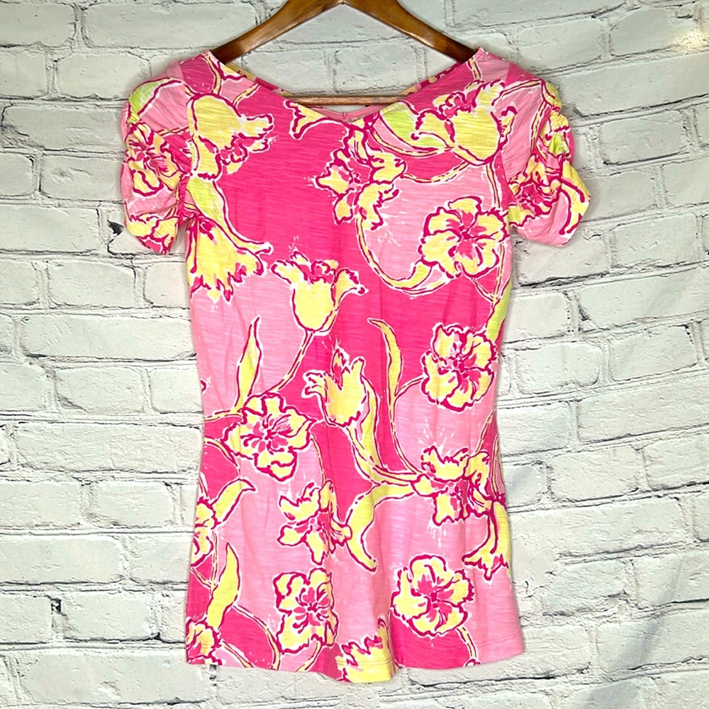 Lilly Pulitzer Pink Yellow Floral Ruched Short Sleeve Cotton T-Shirt Size XS